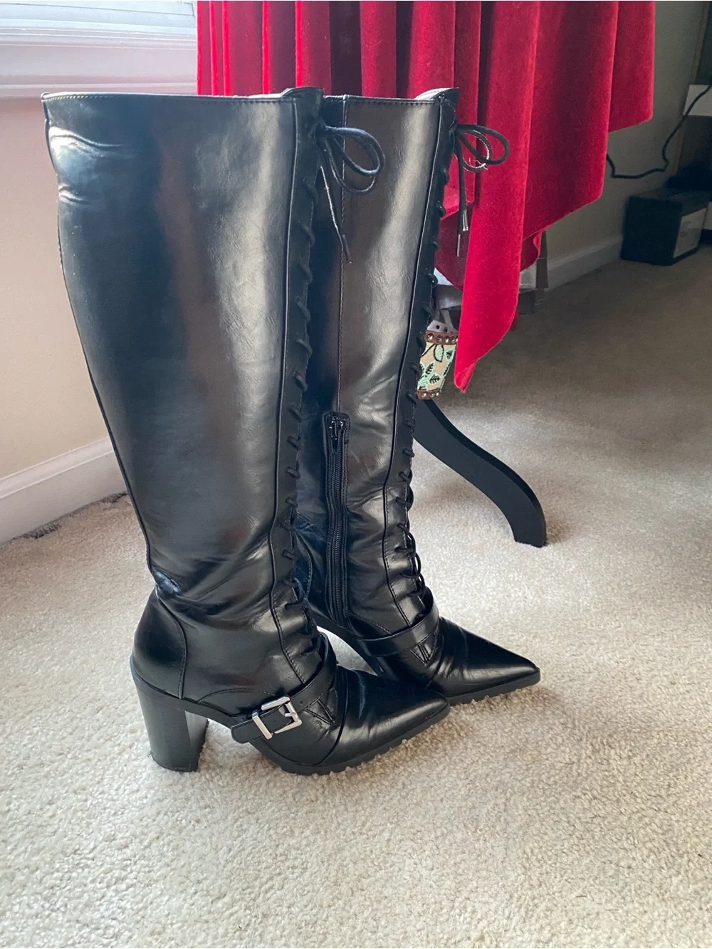 Black Lace-Up Knee-High Pointed Toe Boots